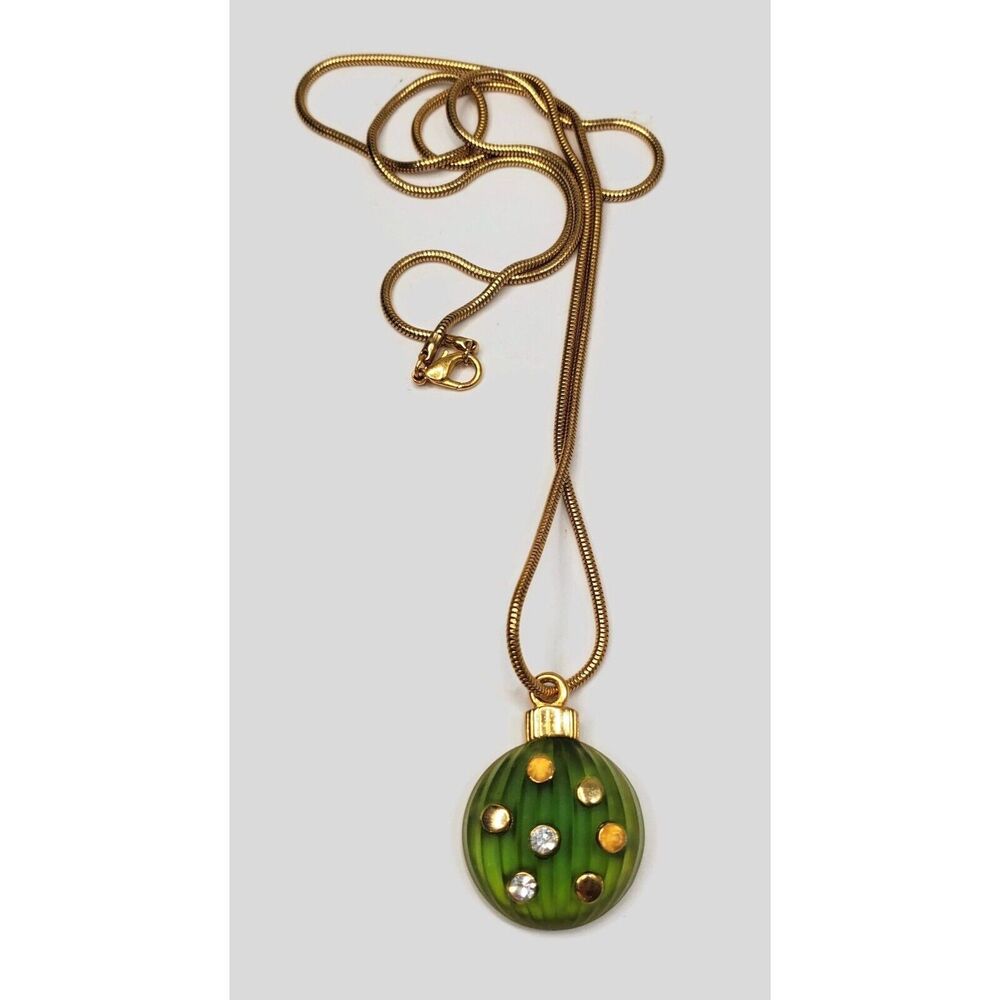 Vintage Liz Claiborne Frosted Green Glass Rhinestone Christmas Ornament Necklace